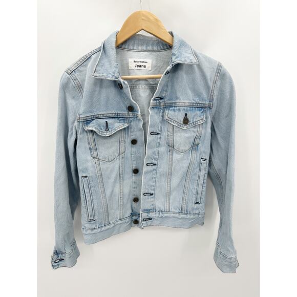 Reformation Jeans Jacket Women XS Blue Tahoe Light Wash Denim Button Front - Picture 1 of 12